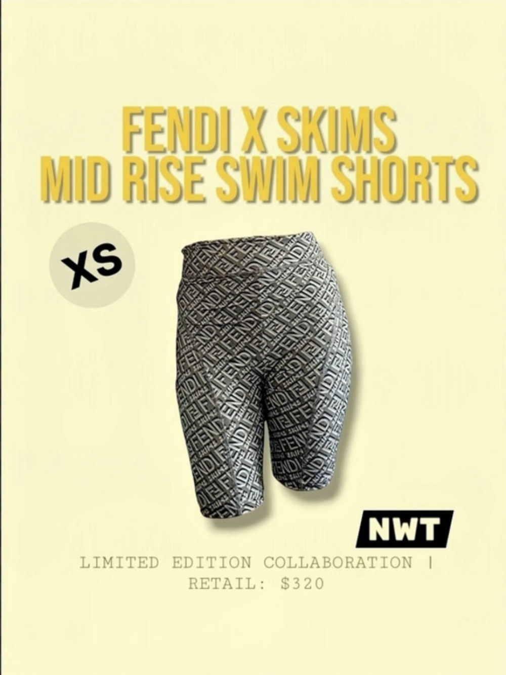 NWT FENDI X SKIMS Olive Green Biker Shorts Monogram Logo Mid Rise XS Swim